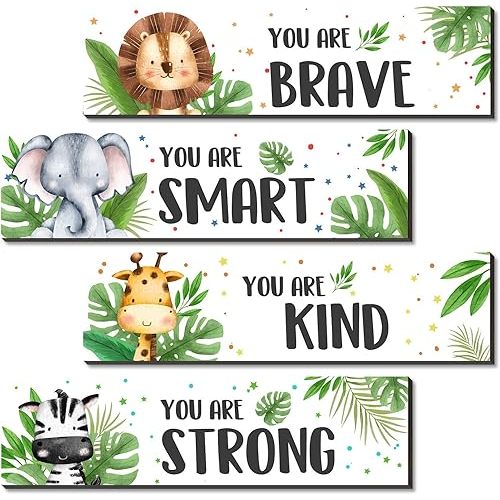 UBLURO 4 Pieces Jungle Animals Wall Art Decors - Motivational Wall Art，Jungle Animals Wooden Hanging Wall Prints Plaques，Nursery and playroom Decor