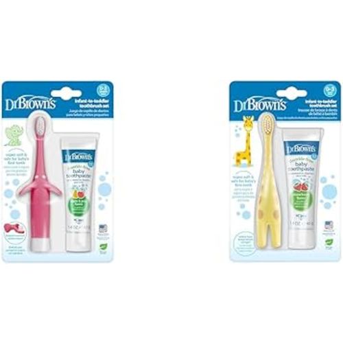 Dr. Brown's Infant-to-Toddler Toothbrush Sets, Pink Elephant & Giraffe with Fluoride-Free Baby Toothpastes, 0-3 Years