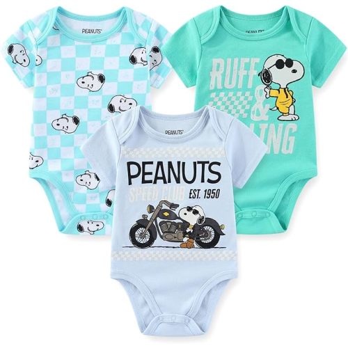 Peanuts Snoopy Baby Boys 3 Pack Bodysuit Creeper for Newborn and Infant