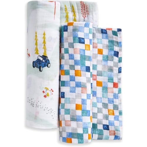 aden + anais Essentials Cotton Muslin Swaddles, Breathable Baby Blanket, Ideal for Boys, Girls, Newborns, Babies & Infants, Receiving Blanket, Soft and Lightweight Wrap, 2 Pack, Vintage Car Rally