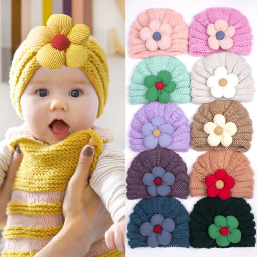 Baby Girls Knitted Turban Hat Flower Head Wrap Newborn Infant Toddler Kids Girl Cap Hair Accessories 0-36Month