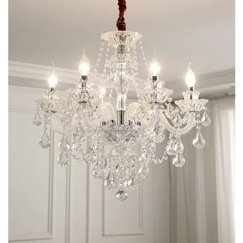 Crystal Chandelier 6 Lights Clear K9 Crystal Luxury Interior Decoration Ceiling Light E12 Bulbs Crystal Pendant Lighting Fixture for Dining Room, Living Room, Bedroom (6 Lights)