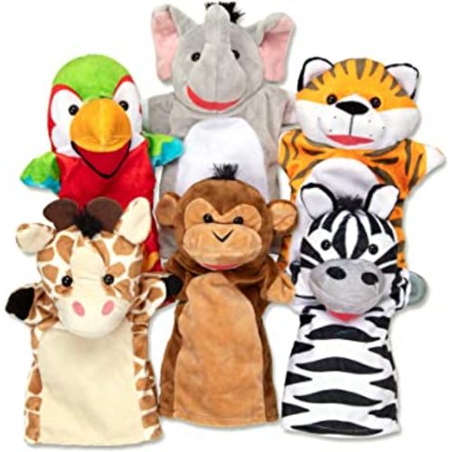 Melissa & Doug Safari Buddies Hand Puppets, Set of 6 (Elephant, Tiger, Parrot, Giraffe, Monkey, Zebra) - Soft, Plush Animal Hand Puppets For Toddlers And Kids Ages 2+