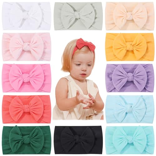 jollybows 12pcs Baby Nylon Headbands With Bow Elastic Hairband For Girls Newborn Infant Toddlers Kids Hair Accessories- Soft Light Color Set