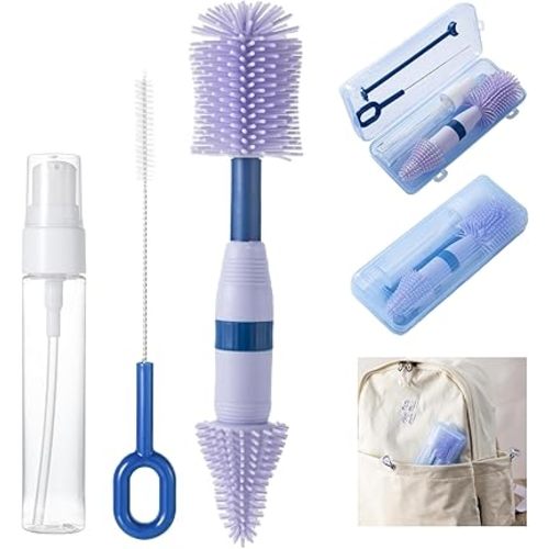 Travel Bottle Brush, 6-in-1 Portable Travel Bottle Cleaner Kit with Small Bottle Brush Built in Drying Rack, Nipple Brush, Straw Brush, Soap Dispenser, for Baby Bottles Under 8 OZ, BPA-Free(Purple)