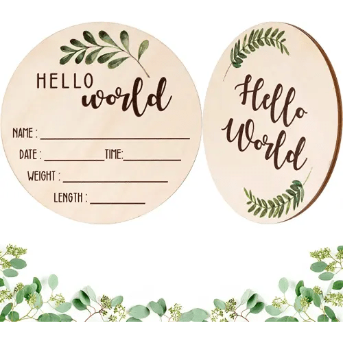 Baby Announcement Sign for Newborn - Beautiful Double-Sided Hello World Newborn Name Sign for Hospital Birth Announcement, The Perfect Round Wooden Welcome Baby Sign for New Baby Boy and Girl Gifts