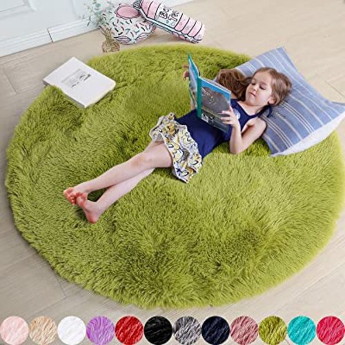 Amdrebio Grass Green Round Rugs 6Ft for Living Room Bedroom Decor Aesthetic, Large Fluffy Shaggy Circle Area Rug for Kids Playroom Baby Nursery, Big Soft Shag Fuzzy Modern Cool Floor Circular Carpet