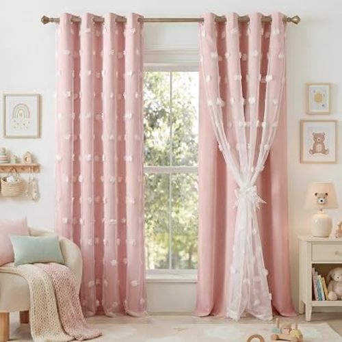RYB HOME Pink Pom Pom Curtains for Girls Bedroom Nursery, Room Darkening