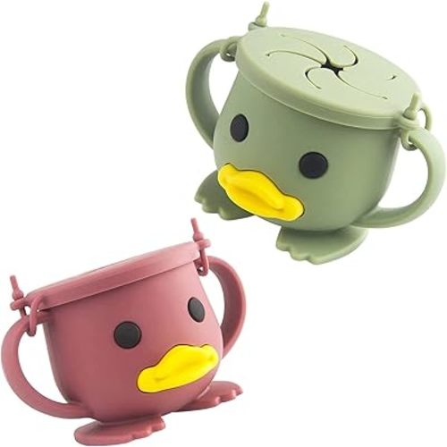 Qshare Snack Cup for Toddlers,Toddler Snack Containers,Spill Proof Food Containers,Baby Treat Catcher,Food Grade Silicone BPA Free (Red+Green)