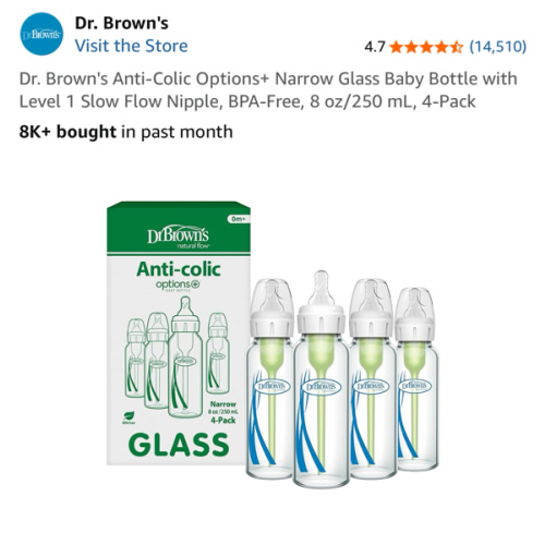 Dr. Brown's Anti-Colic Options+ Narrow Glass Baby Bottle with Level 1 Slow Flow Nipple, BPA-Free, 8 oz/250 mL, 4-Pack