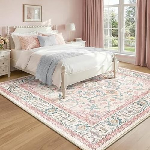 CAPALOCA Machine Washable Rugs Nursery Rug Sq6ft Cute Girl Non Slip Low Pile Water Repellent Soft Print Pattern for Bedroom Indoor Decor Kids Playroom Pink Teal
