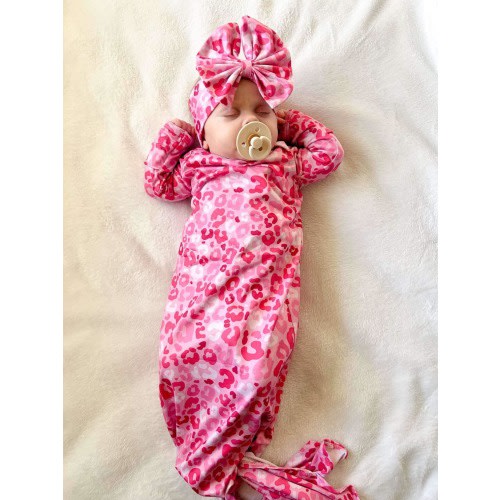 pink Baby gown, knotted gown, going home outfit, baby shower gift, newborn gown, baby girl leopard outfit, leopard baby, baby shower