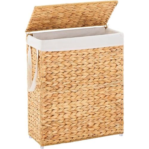Handwoven Slim Laundry Hamper with Lid, 75L Natural Water Hyacinth Basket and Handles, Narrow Wicker Laundry Basket with Removable Liner Bag & 2 Mesh Bags