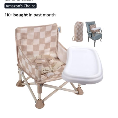 Tiny Marvels Portable 3-in-1 Baby Booster Seat, Cozy Floor Seat, Feeding Seat with Tray, Compact Foldable Toddler Booster with Child Safety Belt Carry Bag, Perfect for Travel (Sand Checker)