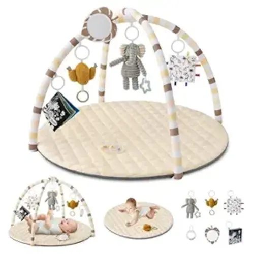 Blissful Diary Baby Play Gym Mat, Tummy Time Activity Mat with 6 Detachable Toys for Stage-Based Sensory & Motor Skill Development, Easy to Install & Clean, Baby Essentials Gift, Sandy Beige