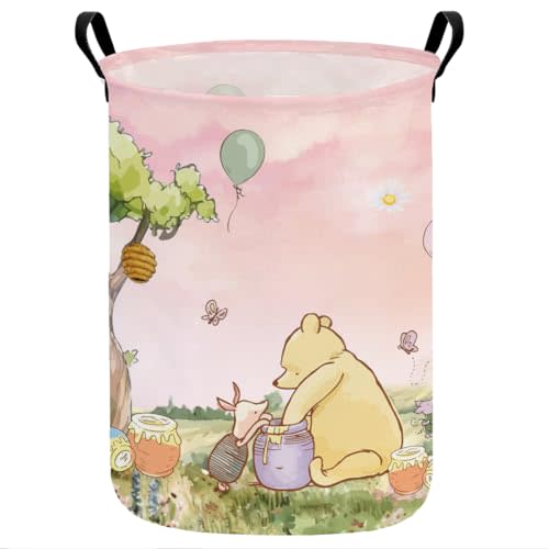 Pink Winnie Foldable Laundry Hamper Circular Canvas Storage Basket | with PE Coating, Collapsible Clothes Organizer for Home, Nursery, and Bedroom