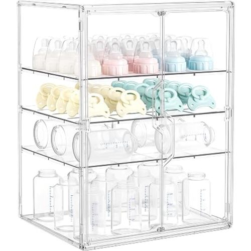 HBlife Baby Bottle Storage Organizer for Countertop Cabinet, 4 Tiers Adjustable Clear Acrylic Bottles Storage Station Case Box Container with 3 Removable Dividers and Magnetic Double Door, X-Large