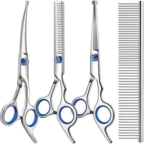 Professional 4 in 1 Dog & Cat Grooming Scissors Kit with Safety Round Tips,Sharp & Durable,Dog Shears for Grooming - Includes Straight, Curved, Thinning Scissors and Comb - Premium Pet Supplies