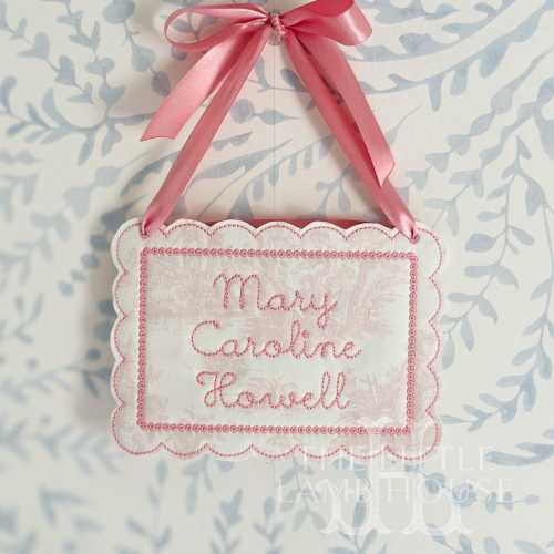 Personalized Pink Toile Baby Name Sign – Embroidered Newborn Announcement Door Hanger, Custom Applique Nursery Decor, Girl Baby Shower Gift