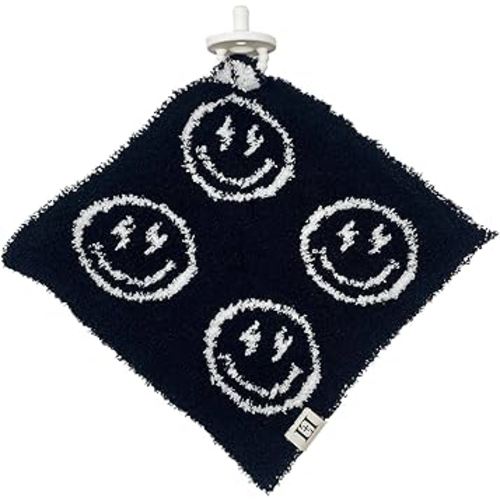 Smiley Face Baby Lovey Pacifier/Teether Holder 10"x10" - DreamSoft Plush Fluffy Cuddly Soothie Reversible Mini Comfort Blanket - Cute Newborn Gift Essential for Babies Boys and Girls (Black/White)