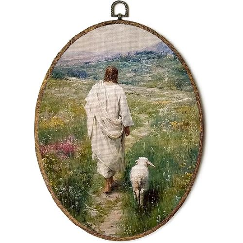 FSTCSV Christian Jesus Lamb Oval Wall Art Framed, Christian Canvas Prints Wall Hanging Art, Jesus Pictures for Walls, Good Shepherd Religious Oval Walls Decor for Living Room Church Bedroom, 8.8x11.5