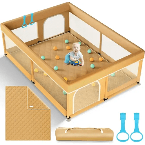 Omzer Baby Playpen with Mat 71"×59" - Extra Large Playpen for Babies and Toddlers with Mat Included, Safety Playard for Baby with Gate, All-Wrapped Soft Sponge Baby Gate Playpen with Stable Mat Velcro