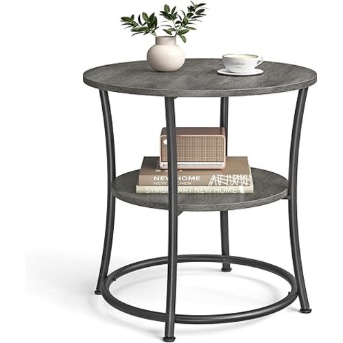 VASAGLE Side Table, 2-Tier Round End Table, Nightstand with Steel Frame for Small Spaces, Living Room, Bedroom, Misty Gray and Ink Black