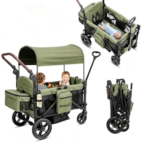 Rovique Wagon Stroller for 2 Kids, Convertible Baby Wagon with Bassinet Mode, Removable Canopy, Snack Tray, 5-Point Harness, All-Terrain PU Wheels, Adjustable Push Pull Handle (Olive Green)
