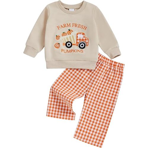fhutpw Unisex Baby Clothes Infant Boy Girl Fall Winter Long Sleeve Outfits Pullover & Plaid Pants 6 12 18 24 Months 2Pcs Sets