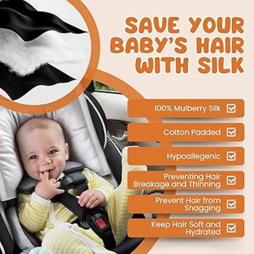 PROMEED 100% Mulberry Silk Baby Car Seat Headrest Cover, Natural Silk Carseat Head Cover for Bald Spots and Hair Knots, Soft & Breathable Head Rest Covers for Infant Carseat (Black)
