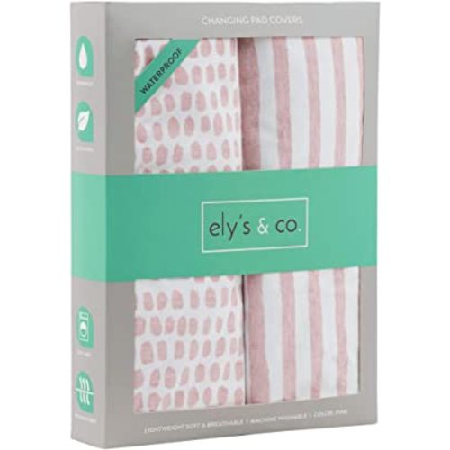 Ely's & Co. Patent Pending Waterproof Changing Pad Cover Set | Cradle Sheet Set by Ely's & Co no Need for Changing Pad Liner Mauve Pink Splash & Stripe 2 Pack for Baby Girl