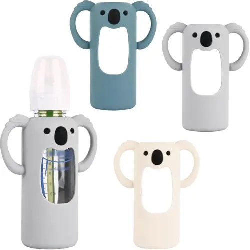 HUAKENER 3 Pack Silicone Sleeves with Handles for Dr Brown's Glass Baby Bottles 8 oz, Anti Breakage Baby Bottle Holder, Compatible with Dr. Brown's Natural Narrow Glass Baby Bottles