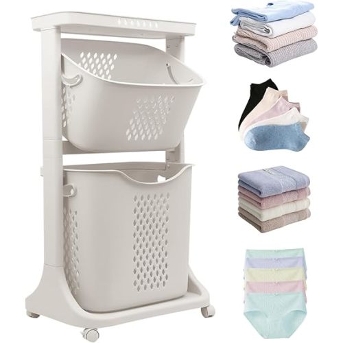 ALSO GO 2-Tier Household Laundry Hamper Sorter, White Removable Laundry Baskets, Portable Rolling Freestanding Plastic Laundry Hamper with 4 Wheels for Organizing Clothes, for Home, Bathroom, Dorm