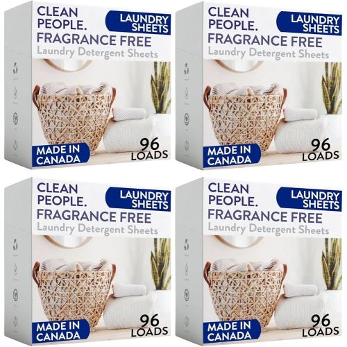 Clean People Laundry Detergent Sheets- Recyclable Packaging, Hypoallergenic, Stain Fighting, Works with All Machines including HE (384 Count, Fragrance Free)