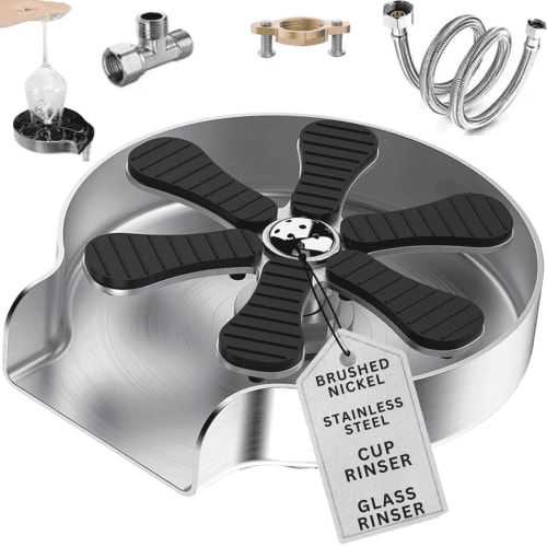 AquatiQ Stainless Steel Glass Rinser for Kitchen Sink, Cup Cleaner, Counter Top Bottle Washer, Brushed Nickel