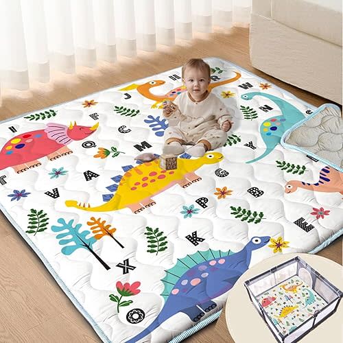 Baby Play Mat, 47x47 Play Mat for Playpen, Non-Slip Baby Mat for Floor, Thicken One-Piece Crawling Mat Cushioned Baby Playmats for Infants, Babies, Toddlers, Play & Tummy Time (Dinosaur, 47x47)