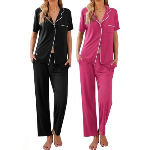 Ekouaer 2 Pack：Womens Pajamas Short Sleeve Pjs Notch Collar Button Up Loungewear Cozy Sleepwear Sets
