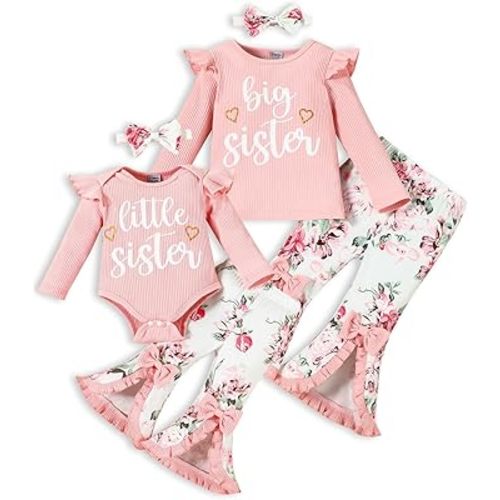 Big Sister Little Sister Matching Outfits Rib Knit Romper/Shirt Floral Pants Toddler Baby Girl Clothes