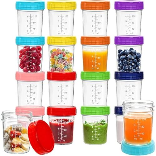 Jucoan 16 Pack Glass Baby Food Storage Jars, 6 Ounce Small Baby Food Storage Containers with Plastic Lids and Scale for Baby Meal Prep, Jam, Snack, Fruits, Microwave Dishwasher Safe