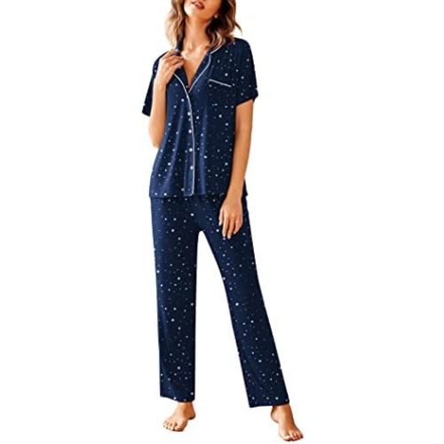 Avidlove Women Pajamas Set Notch Collar Soft Sleepwear Pjs Short Sleeve Button Down Nightwear with Long Pants
