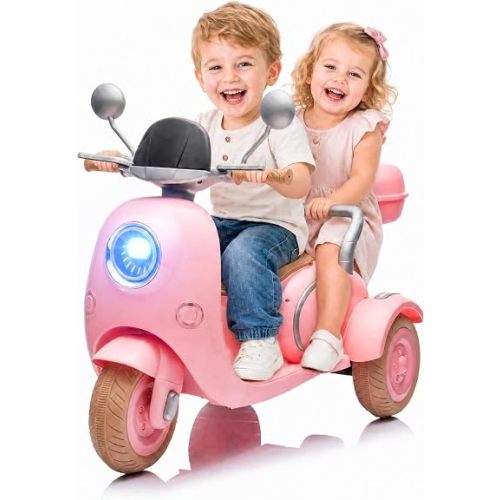 12V Kids Electric Motorcycle, Electric Bike for Toddler 3-6, 3 Wheels Ride On Scooter with USB,Bluetooth,Lights,Storage Box, 2 Seats Dual Motor Motorbike for Ages 3+, Pink