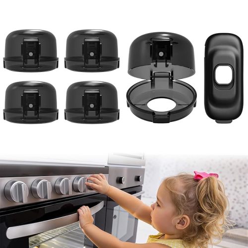 Stove Knob Safety Covers - 5 Pack Heat Resistant Oven Knob Covers for Child Safety with 3M Strong Adhesive, Gas Stove Knob Covers with Dual-Button Locks & Visual Design, Black