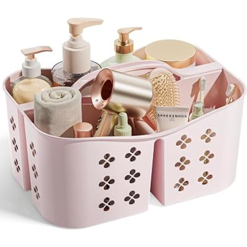 Portable Shower Caddy with Handle, Large Capacity Shower Basket Organizer, Quick-Drain Bathroom Storage Tote, Durable Plastic Shower Organizer for College Dorm, Beach, Gym, Travel Essentials, Pink