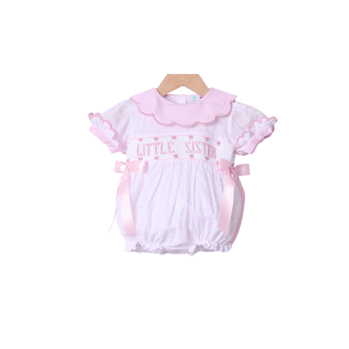 Smocked Little Sister Pink and White Swiss Dot Bow Bubble