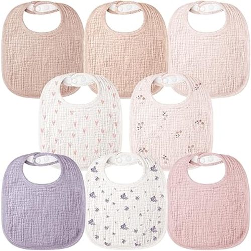 Bearmoss Muslin Baby Drooling Bibs 8 Pack, 100% Cotton Square Adjustable Bandana Bibs for Baby Girls Boys Teething Drool (Pink Print)