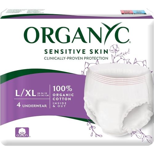 Organyc Certified Organic Cotton Disposable Period Underwear for Sensitive Skin 12 Hours Complete Protection Size L/XL 4 Count