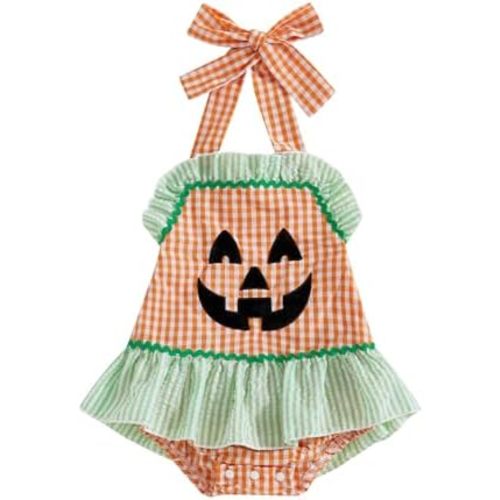 Newborn Baby Girl Halloween Outfit Halter Pumpkin Face/Ghost Embroidery Plaid/Stripe Ruffle Romper Dress