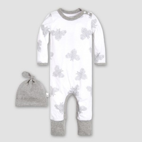 Burt's Bees Baby Boys' Organic Cotton Honey Bee Coverall & Hat Set - White/Gray 0-3M