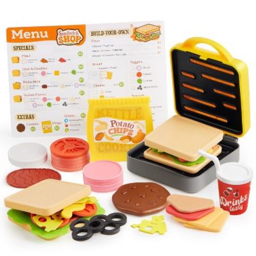 Joyfy Play Food Toy for Kids Ages 3-6，35 Pcs Interactive Panini Sandwich Maker Toy，Pretend Play Kitchen for Girls Boys Christmas Birthday Gift
