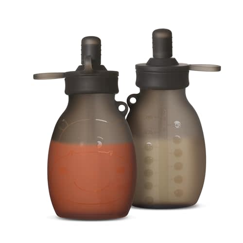 haakaa Hippo Wide Opening Silicone Goody Pouch – 9oz/260ml Reusable Pouches for Toddlers, Reusable Baby Food Pouches with Wide Neck for Quick Filling & Cleaning, 2 Pack, (Grey)